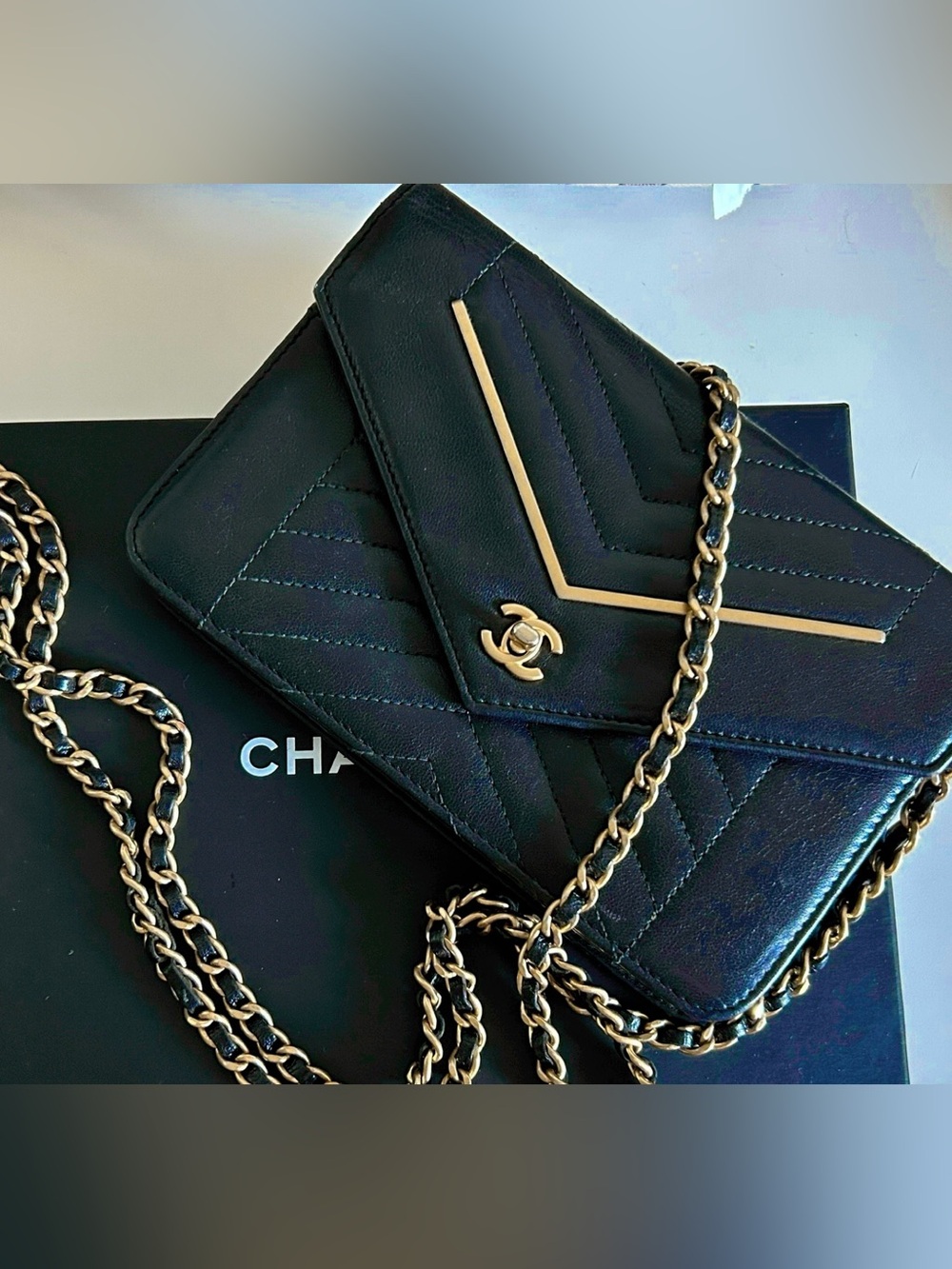 CHANEL Lambskin Reversed Chevron WOC Wallet on Chain Black